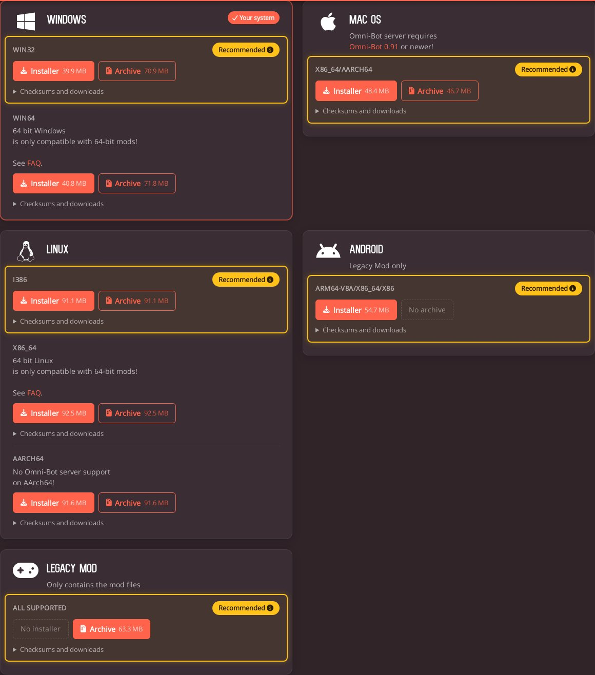 All downloads, with the recommended builds highlighted